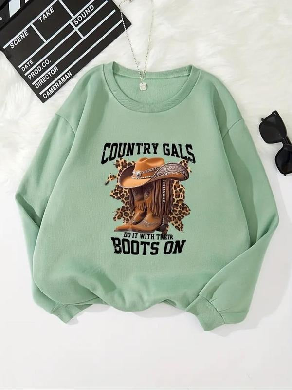 Women's Cowboy Shoes & Letter Print Crew Neck Plush Sweatshirt, Casual Long Sleeve Pullover for Fall & Winter, Women's...
