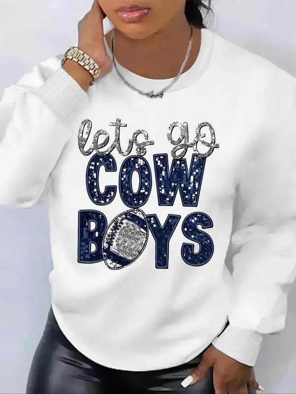 Women's Cowboys Letter Print Drop Shoulder Sweatshirt, Casual Long Sleeve Round Neck Pullover for Fall & Winter, Ladies...
