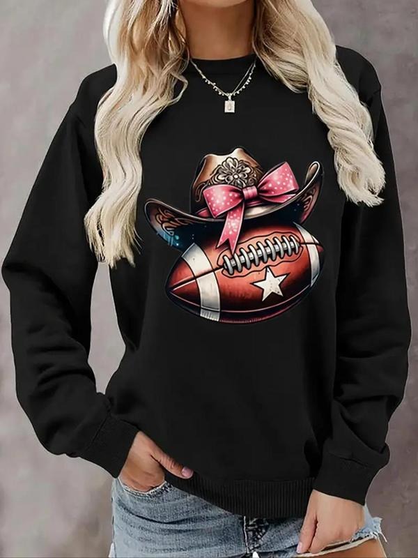 Women's Cowgirl &  Football Print Round Neck Pullover Sweatshirt, Casual Long Sleeve Crew Neck Sweatshirt for Fall &...