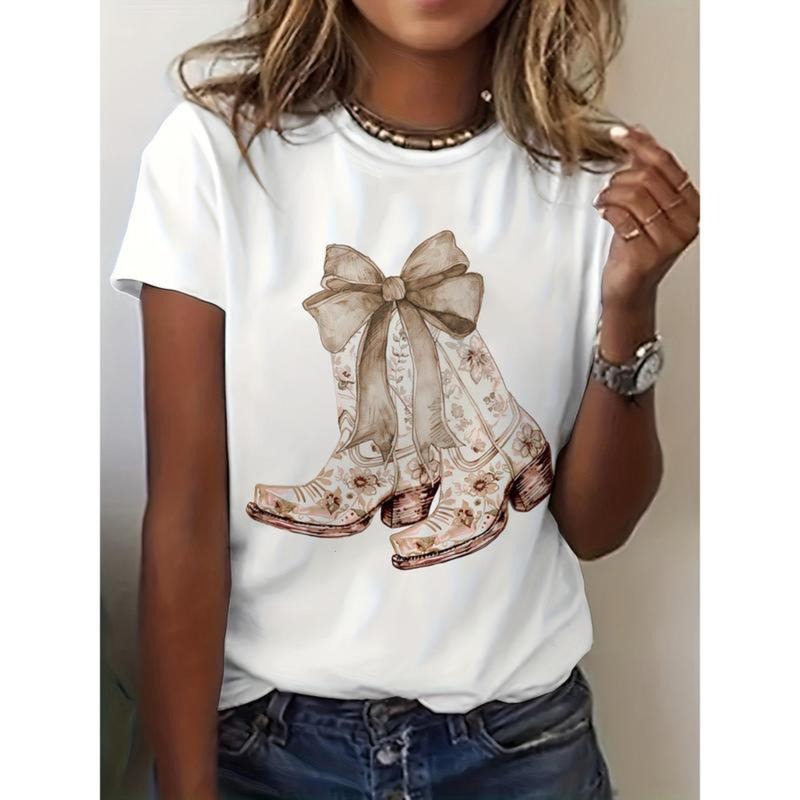 Women's Cowgirl Chinoiserie Floral Boot Graphic T-Shirt, White Short Sleeve Crew Neck Casual Summer & Spring Top with...