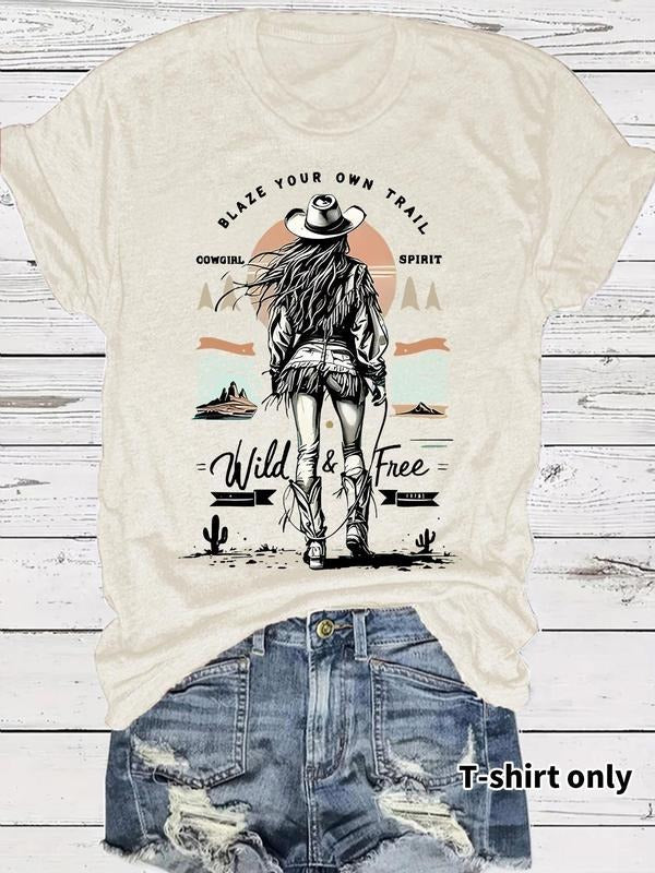 Women's Cowgirl Graphic Print Round Neck Tee, Vintage Trendy Casual Short Sleeve T-shirt for Daily Wear, Ladies Summer...