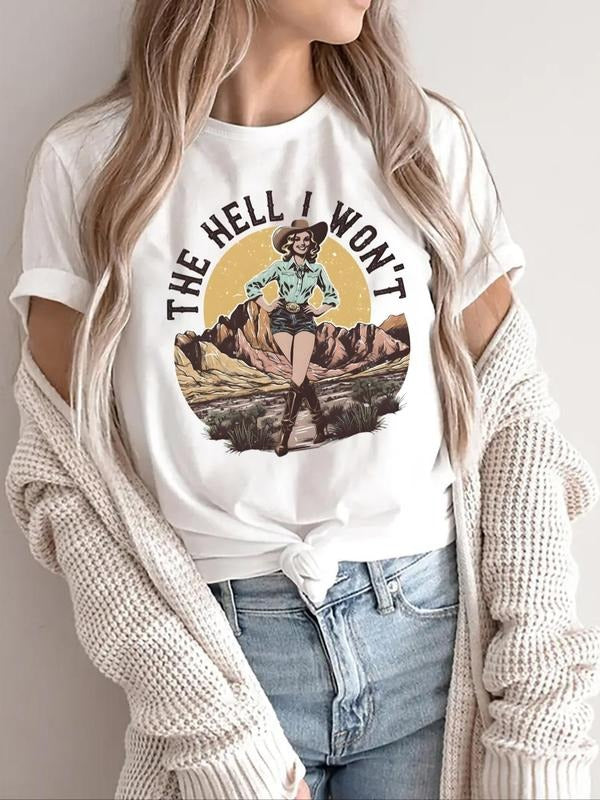 Women's Cowgirl Print Round Neck Tee, Vintage Trendy Casual Short Sleeve T-shirt for Daily Wear, Ladies Summer Outfit,...