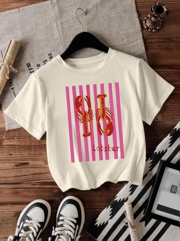 Women's Crab Print Round Neck Tee, Casual Fashion Short Sleeve T-shirt for Summer, Ladies Clothes for Daily Wear, Top...