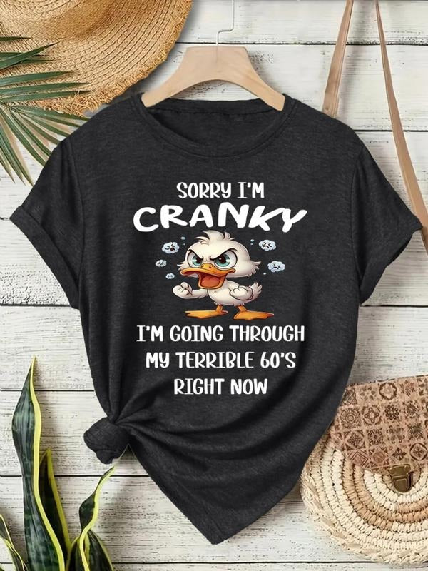 Women's Cranky Duck Print Round Neck Tee, Fashion Casual Crew Neck T-Shirt for Daily Holiday Vacation Outdoor Wear,...