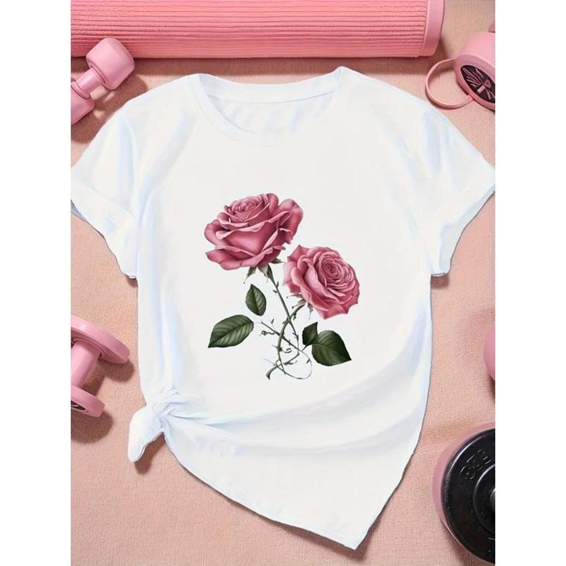 Women's Crewneck White T-Shirt with Rose Floral Print for Casual Wear Check Clothes Hoodie, Sweatshirt | UrbanDripWear.com