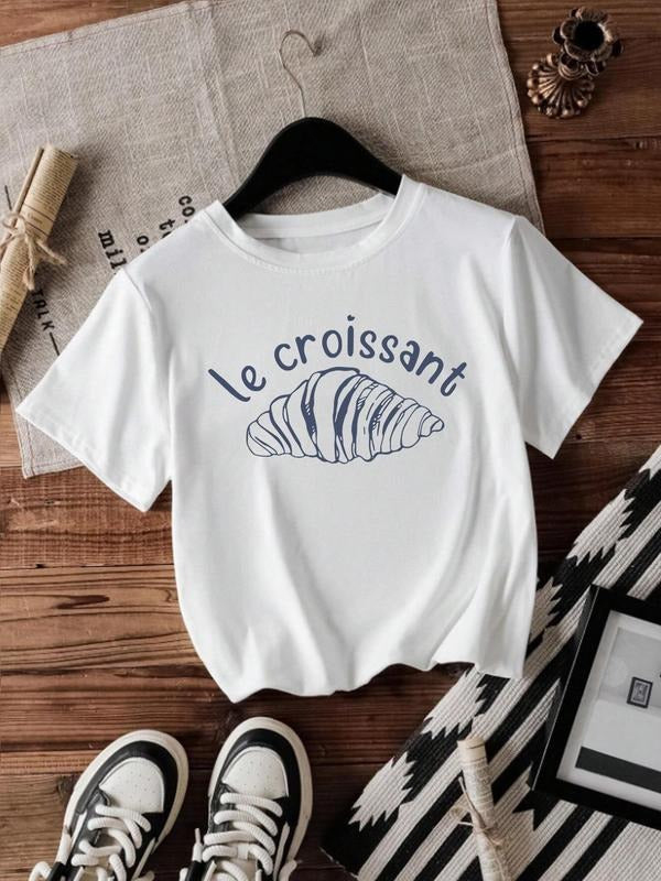 Women's Croissant Print Round Neck Tee, Trendy Casual Short Sleeve T-shirt for Daily Wear, Ladies Summer, Top Hoodie,...