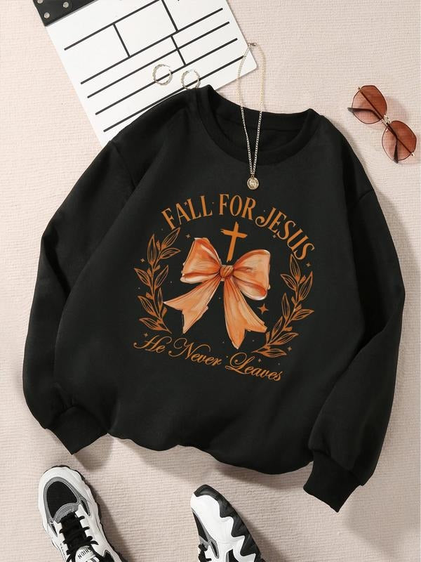 Women's Cross & Bowknot & Letter Print Drop Shoulder Sweatshirt, Casual Long Sleeve Round Neck Pullover for Fall &...