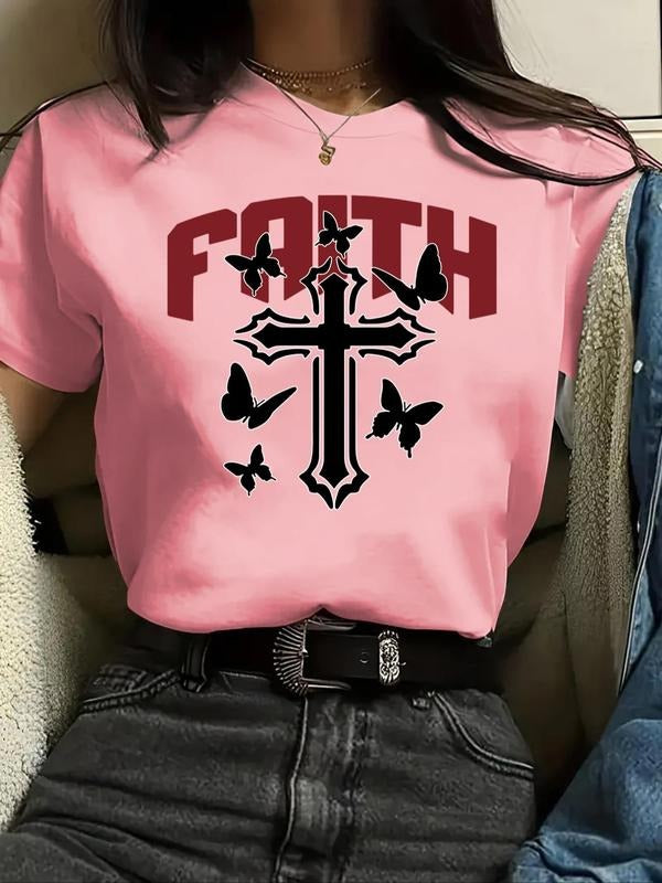 Women's Cross & Butterfly Graphic Print Round Neck Tee, Fashion Casual Short Sleeve T-shirt, Ladies Summer Clothes for...