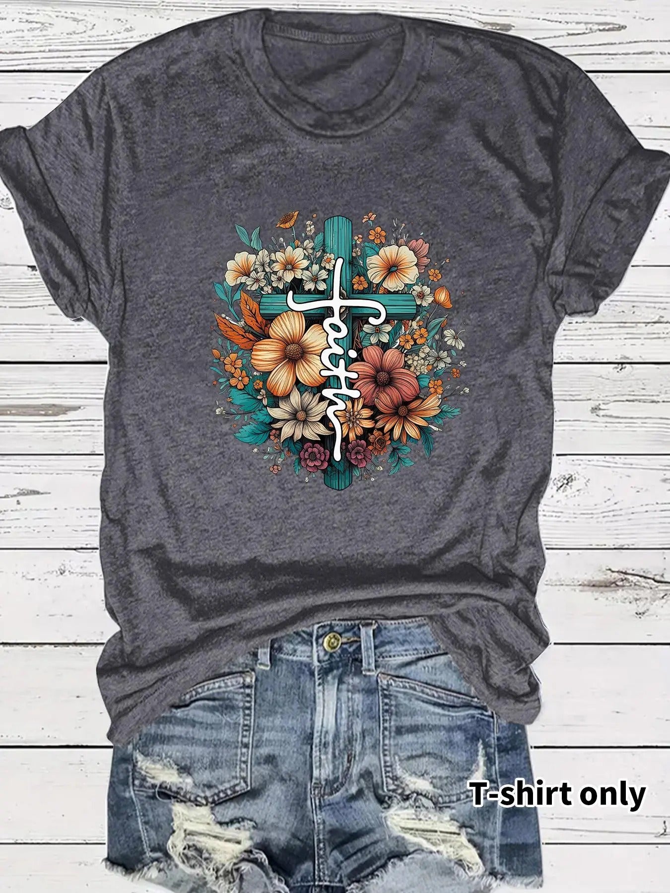 Women's Cross & Floral Print Round Neck Tee, Vintage Trendy Casual Short Sleeve T-shirt for Daily Wear, Fashion Women's...