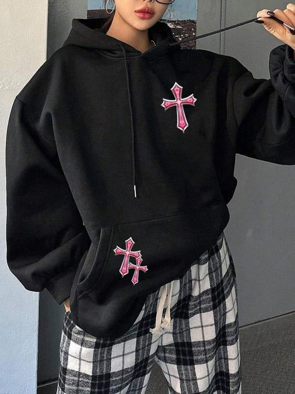 Women's Cross & Heart Print Drop Shoulder Hoodie, Fashion Casual Drawstring Pocket Hooded Sweatshirt for Daily Holiday...