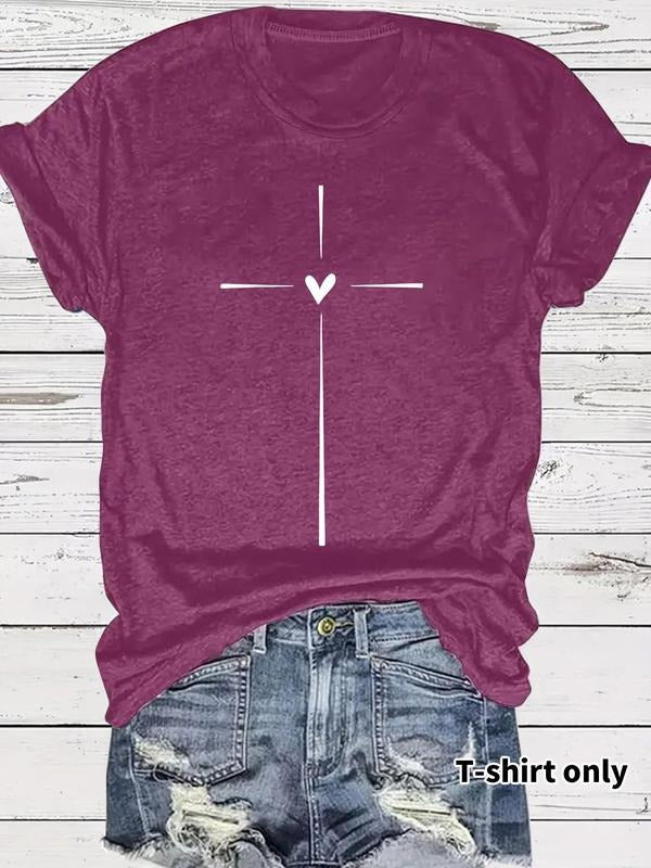 Women's Cross & Heart Print Round Neck Tee, Casual Short Sleeve Crew Neck T-shirt for Summer, Fashion Women's Top for...