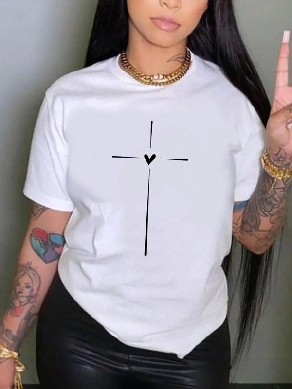 Women's Cross & Heart Print Round Neck Tee, Graphic Tees Women, Fashion Casual Crew Neck Short Sleeve T-shirt for Daily...