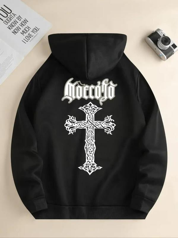Women's Cross & Letter Print Drawstring Hoodie, Casual Long Sleeve Hooded Sweatshirt for Fall & Winter, Women's Clothes...