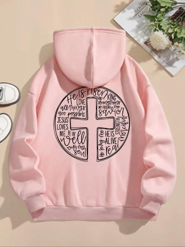 Women's Cross & Letter Print Drop Shoulder Hoodie, Fashion Casual Drawstring Pocket Hooded Sweatshirt for Daily Holiday...