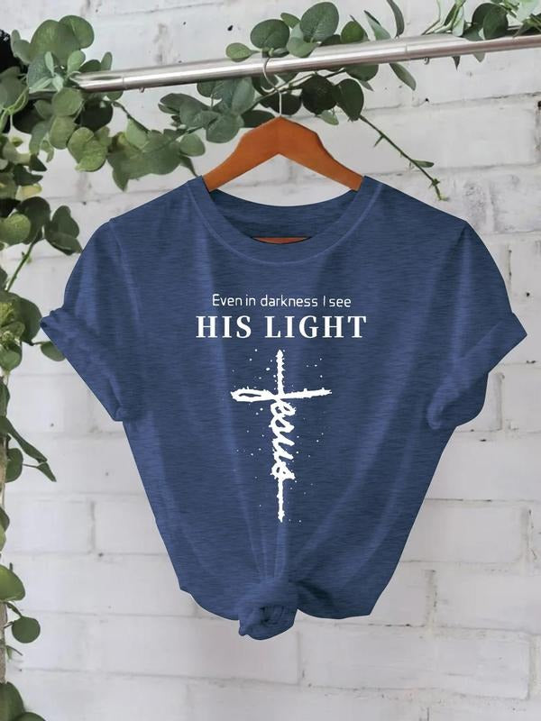 Women's Cross & Letter Print Round Neck Tee, Casual Short Sleeve Crew Neck T-shirt for Summer, Fashion Women's Top for...