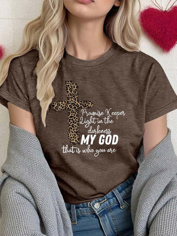 Women's Cross & Letter Print Round Neck Tee, Trendy Casual Short Sleeve T-shirt for Daily Wear, Ladies All Seasons Outfit...