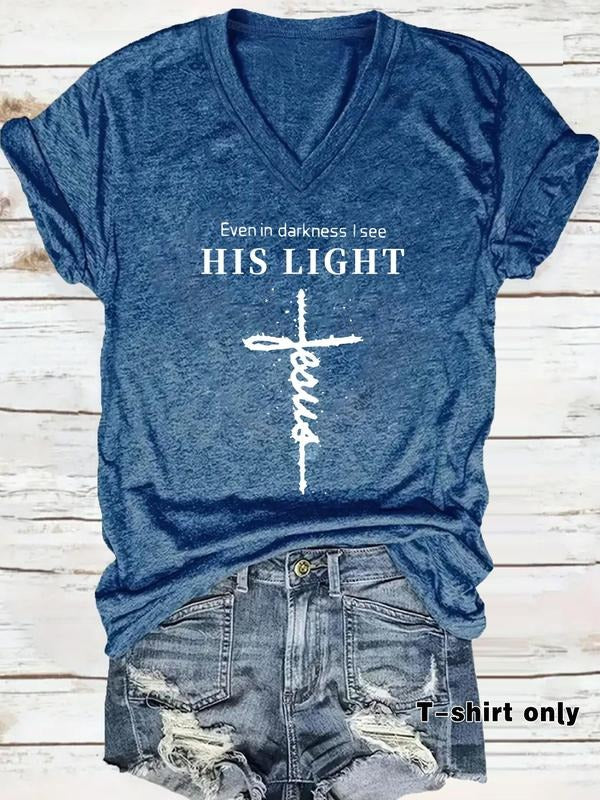 Women's Cross & Letter Print V Neck Tee, Casual Christian T-shirt for Summer, Women's Top for Daily Wear Hoodie, Sweatshirt