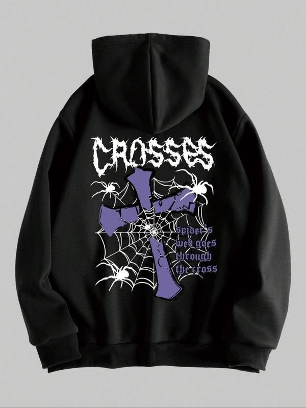 Women's Cross & Spider Web & Letter Print Drop Shoulder Hoodie, Fashion Casual Drawstring Pocket Hooded Sweatshirt for...