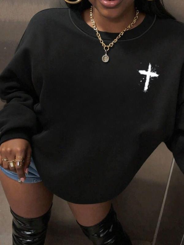 Women's Cross Letter Print Hoodie, Casual Long Sleeve Hooded Sweatshirt for Fall & Winter, Fashion Daily Wear T-Shirts