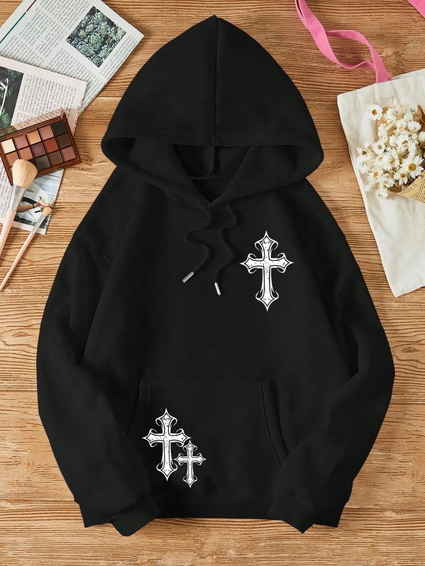 Women's Cross Print Drop Shoulder Drawstring Hoodie, Fashion Casual Kangaroo Pocket Hooded Sweatshirt for Daily Holiday...