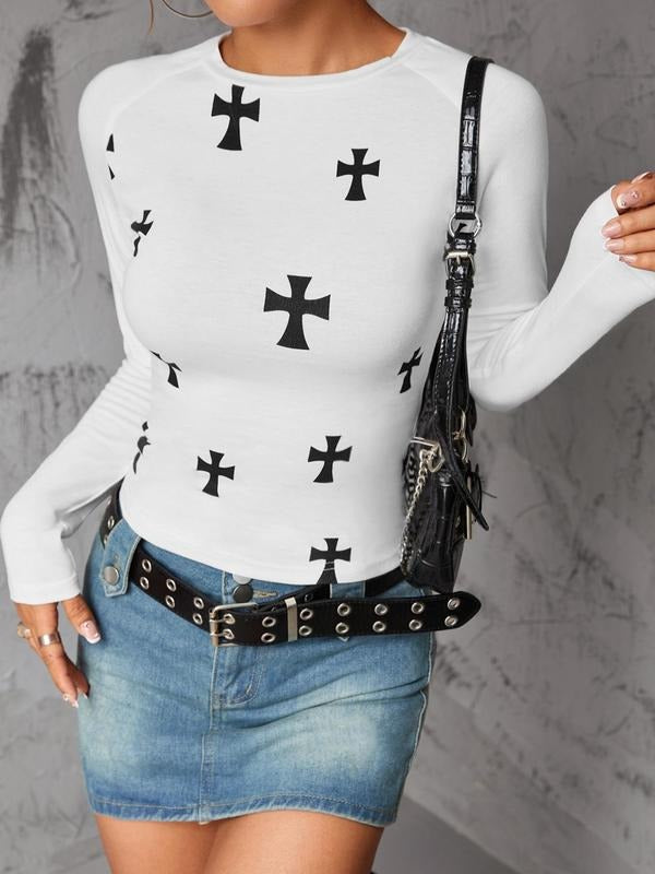 Women's Cross Print Raglan Sleeve Tee, Casual Graphic Round Neck Long Sleeve T-Shirt for Spring & Fall, Women's Top for...