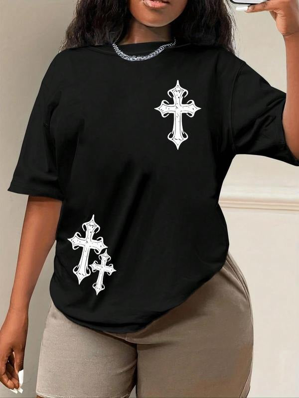 Women's Cross Print Round Neck Tee, Trendy Casual Drop Shoulder Half Sleeve T-shirt for Daily Wear, Ladies Summer Top...