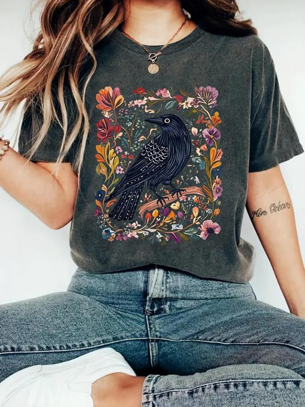 Women's Crow & Floral Print Round Neck Tee, Vintage Trendy Casual Short Sleeve T-shirt for Daily Wear, Ladies Summer, Top...