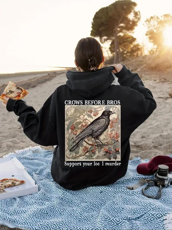 Women's Crow & Letter Print Drop Shoulder Hoodie, Fashion Casual Drawstring Pocket Hooded Sweatshirt for Daily Holiday...