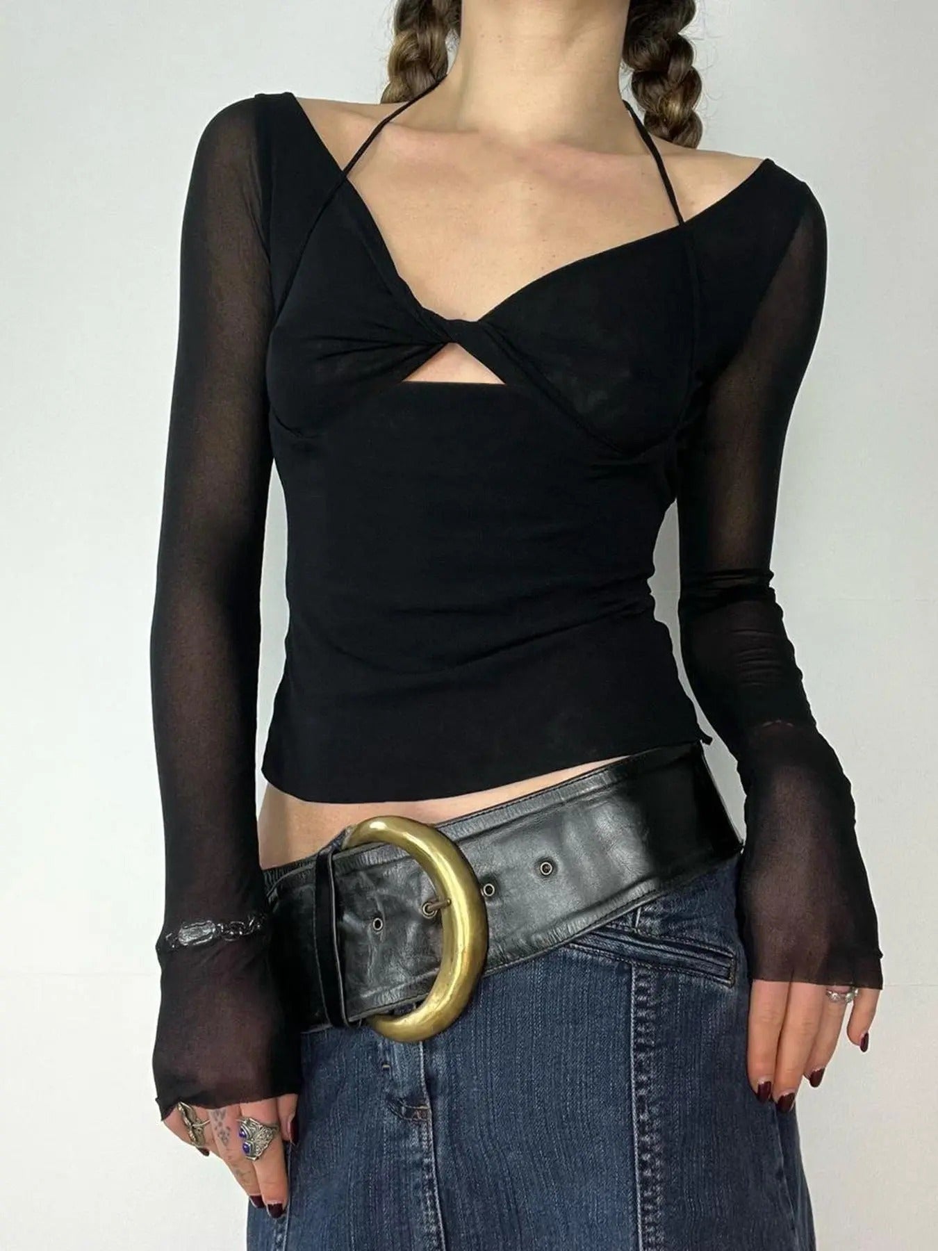 Women's Cut Out Twist Sheer Tulle Halter Top, Sexy Fashion Long Sleeve T-shirt for Fall, Women's Clothing for Daily Wear...