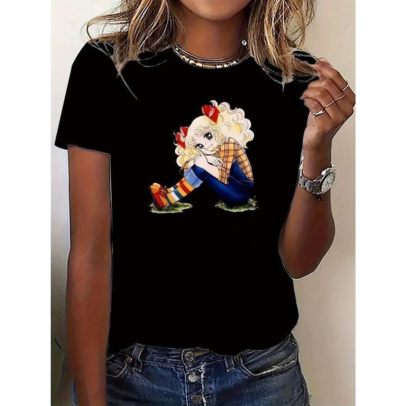 Women's Cute Cartoon Character Print T-Shirt - Casual Sporty All-Season Comfort Black with Blonde Graphic Top Cotton...