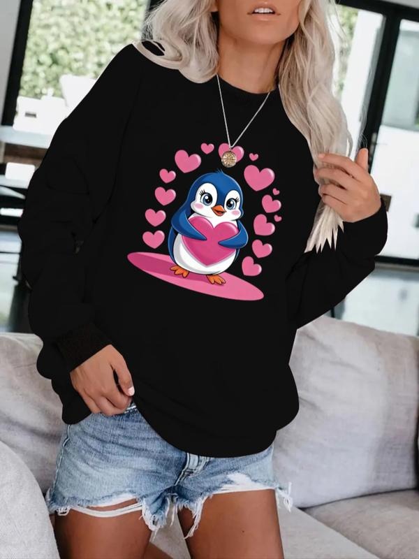 Women's Cute Cartoon Penguin Heart Sweatshirt, Comfortable Winter Pullover, Soft Round Neck Long Sleeve Casual Sweater...