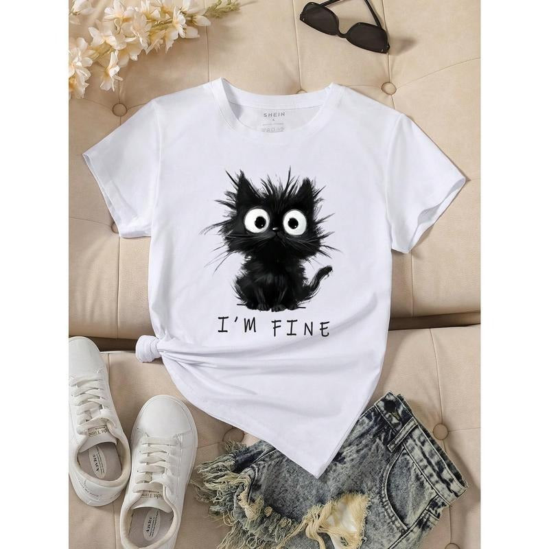 Women's Cute Cat Pattern Graphic Short Sleeve T-Shirt Fabric Fit Hoodie, Sweatshirt | UrbanDripWear.com