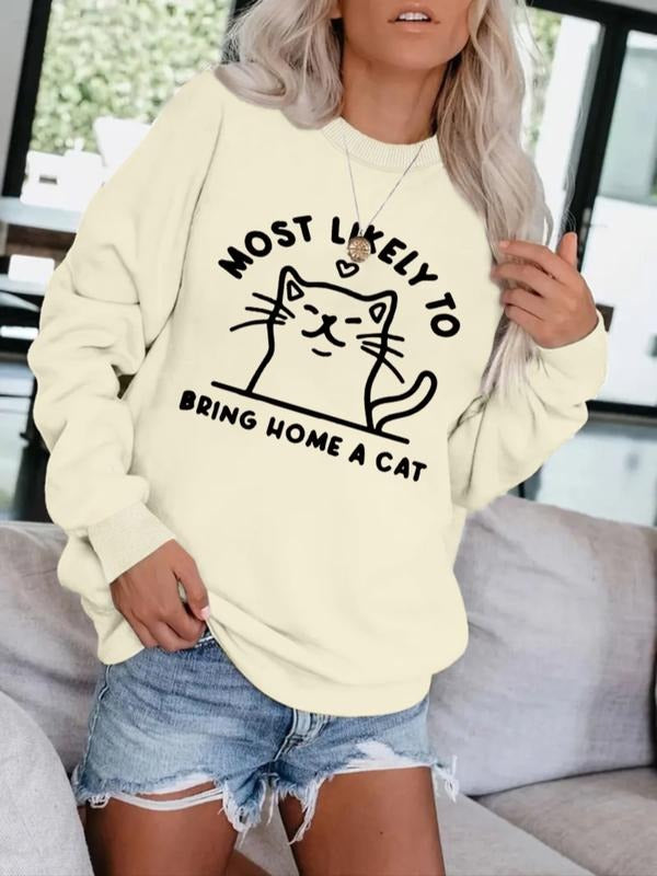 Women's Cute Cat Pattern Pullover Sweater, Soft Long Sleeve Round Neck Sweatshirt, Casual Daily Wear, Durable Fabric...