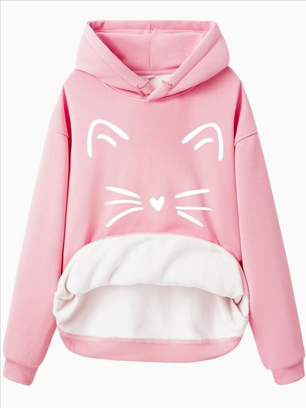 Women's Cute Cat Print Fleece Hoodie with Front Pocket, Comfortable Winter Pullover, Casual Sweatshirt T-Shirts