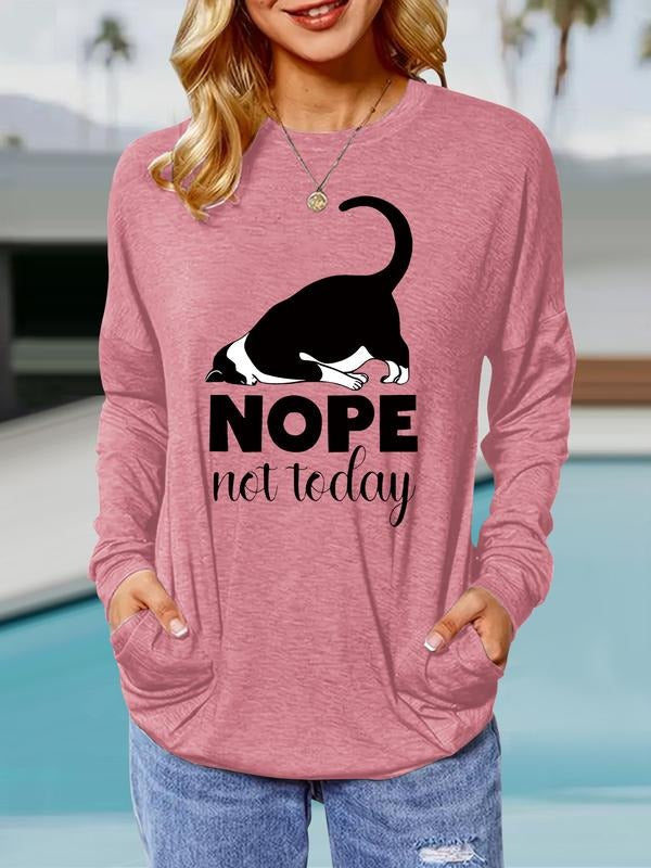 Women's Cute Cat Print T-Shirt, Loose-Fit Long Sleeve Round Neck Top, Casual Spring & Fall Fashion, Comfortable Daily...