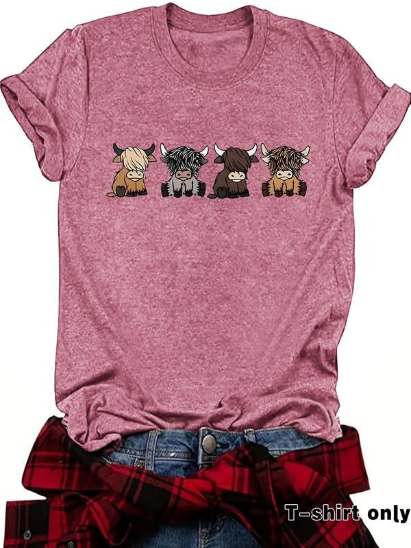Women's Cute Cow Print Round Neck Tee, Casual Short Sleeve Crew Neck T-Shirt for Summer, Fashion Women's Top for Daily...
