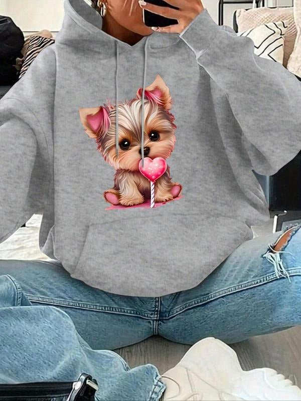 Women's Cute Dog Print Drop Shoulder Drawstring Hoodie, Fashion Casual Pocket Hooded Sweatshirt for Daily Holiday Outdoor...