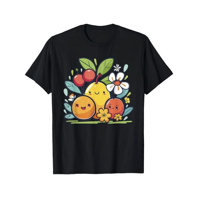 Women's Cute Fruit Print Cotton T-Shirt - Black Round Neck Short Sleeve, Lightweight & Breathable, All-Season Casual...