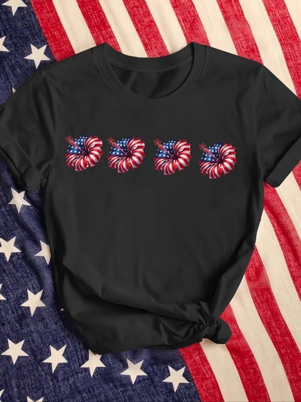 Women's Cute Graphic Floral Print Round Neck Tee, Casual Short Sleeve T-shirt for Summer, Ladies Clothes for Daily Wear...