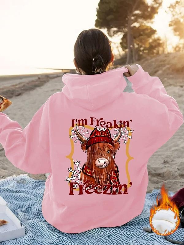 Women's Cute Highland Cow Print Fleece Hoodie with Front Pocket, Comfortable Winter Pullover, Casual Sweatshirt T-Shirts