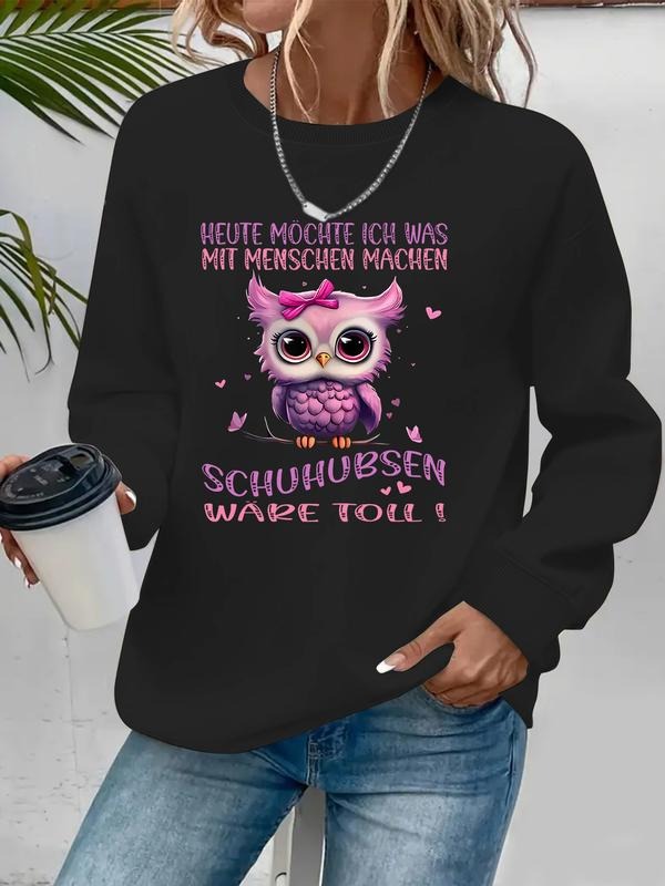 Women's Cute Owl Print Round Neck Sweatshirt, Casual Fitted Pullover, All-Season Comfort, Easy Care Durable Fabric...