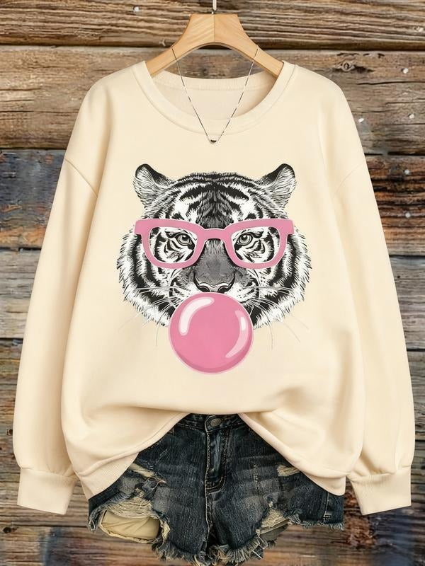 Women's Cute Tiger Print Casual Outdoor Pullover Sweatshirt, Fall & Winter Fashion, Perfect for New Year, Graduation,...
