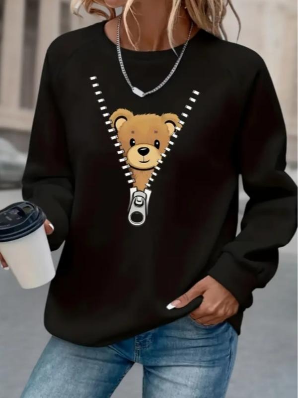 Women's Cute Zipper Bear Print Round Neck Sweatshirt, Casual Fitted Pullover, All-Season Comfort, Easy Care Durable...