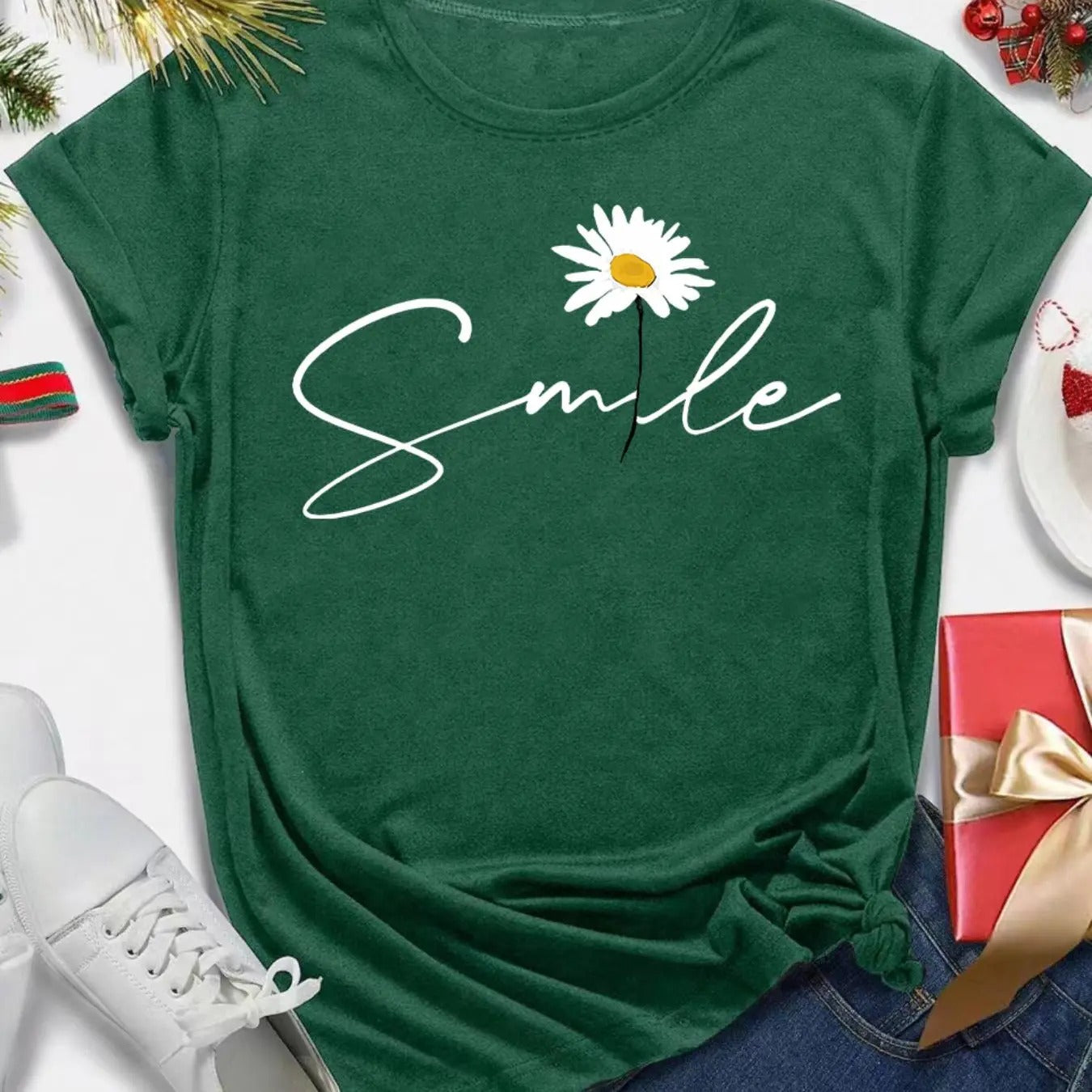 Women's Daisy & Letter Print Round Neck Tee, Casual Short Sleeve Crew Neck T-Shirt for Daily Wear, Ladies Clothes for All...