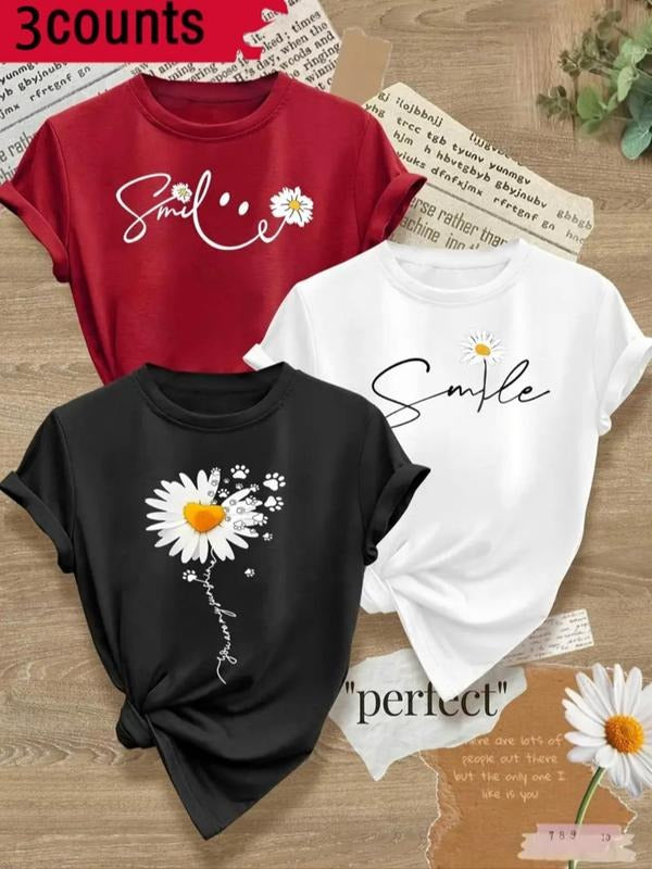 Women's Daisy & Letter Print Round Neck Tee, Casual Short Sleeve T-shirt for Summer, Ladies Clothes for Daily Wear, Top...