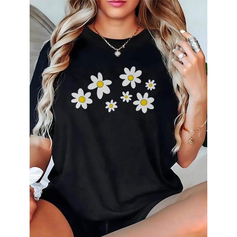 Women's Daisy Floral Print T-Shirt - 100% Cotton Short Sleeve Crew Neck Casual Top with White Daisies & Yellow Centers on...
