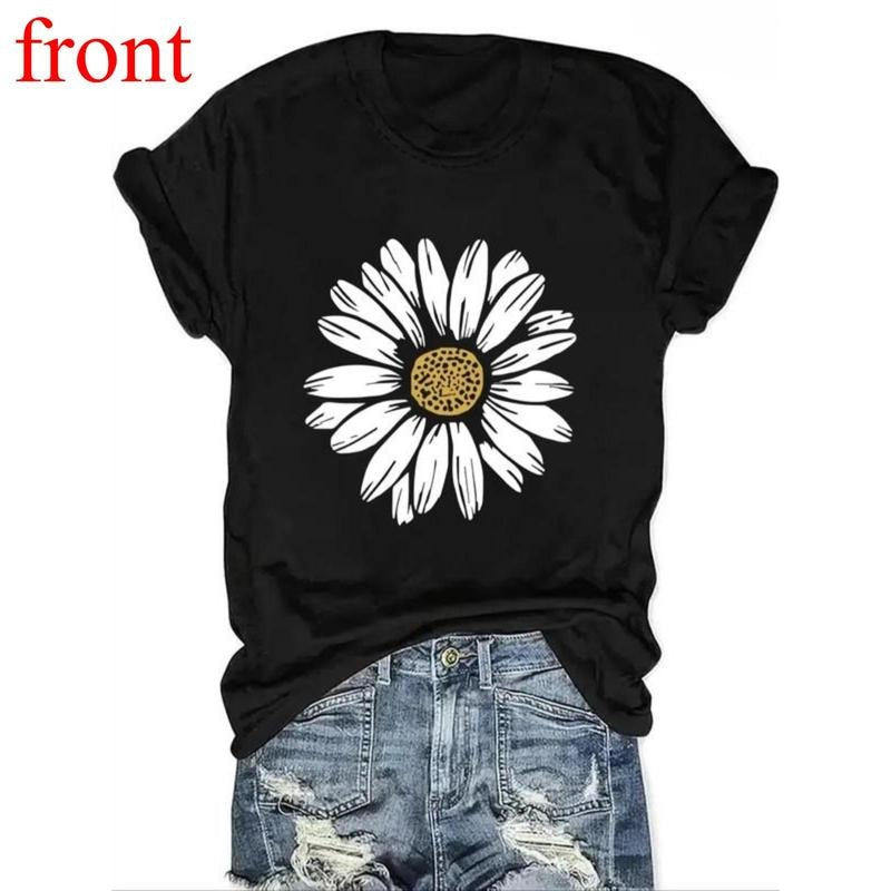 Women's Daisy Print Round Neck Tee, Boho Casual Floral Graphic Crew Neck Short Sleeve T-Shirt for Daily Holiday Vacation...