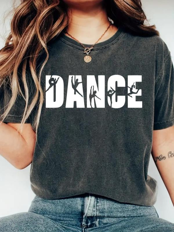 Women's Dancing Silhouette & Letter Print Round Neck Tee, Casual Short Sleeve Crew Neck T-shirt for Daily Wear, Ladies...