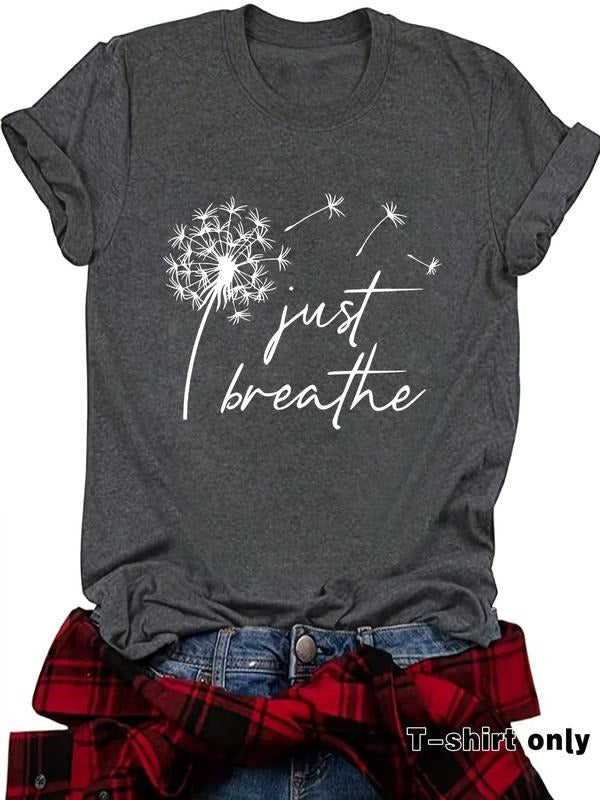 Women's Dandelion & Letter Print Round Neck Tee, Casual Short Sleeve Crew Neck T-shirt for Summer, Fashion Women's Top...
