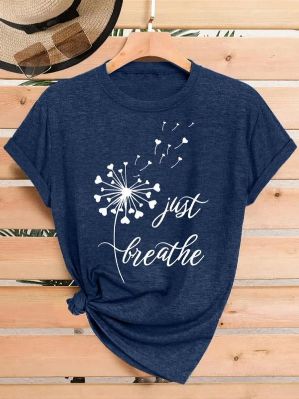 Women's Dandelion & Letter Print Round Neck Tee, Vintage Trendy Casual Crew Neck T-shirt for Daily Wear, Ladies Summer...